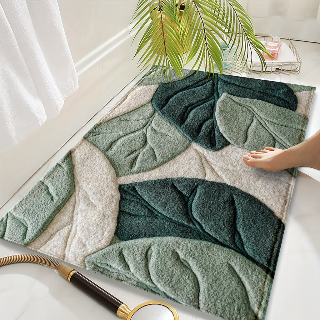 Leaf-Pattern Microfiber Bath Mat, Non-Slip Base, Machine Washable