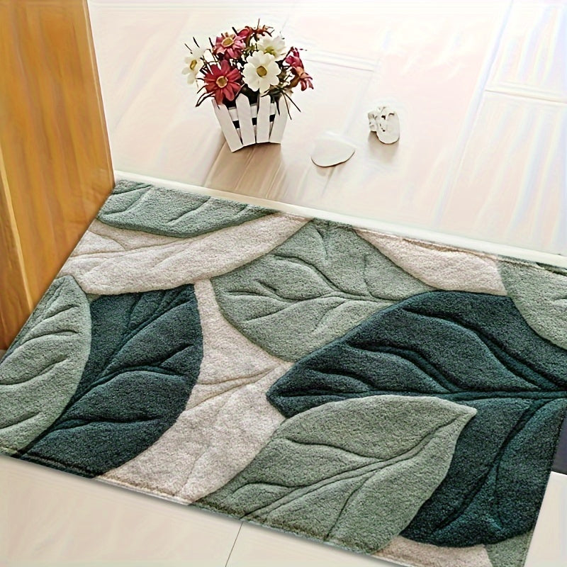 Leaf-Pattern Microfiber Bath Mat, Non-Slip Base, Machine Washable