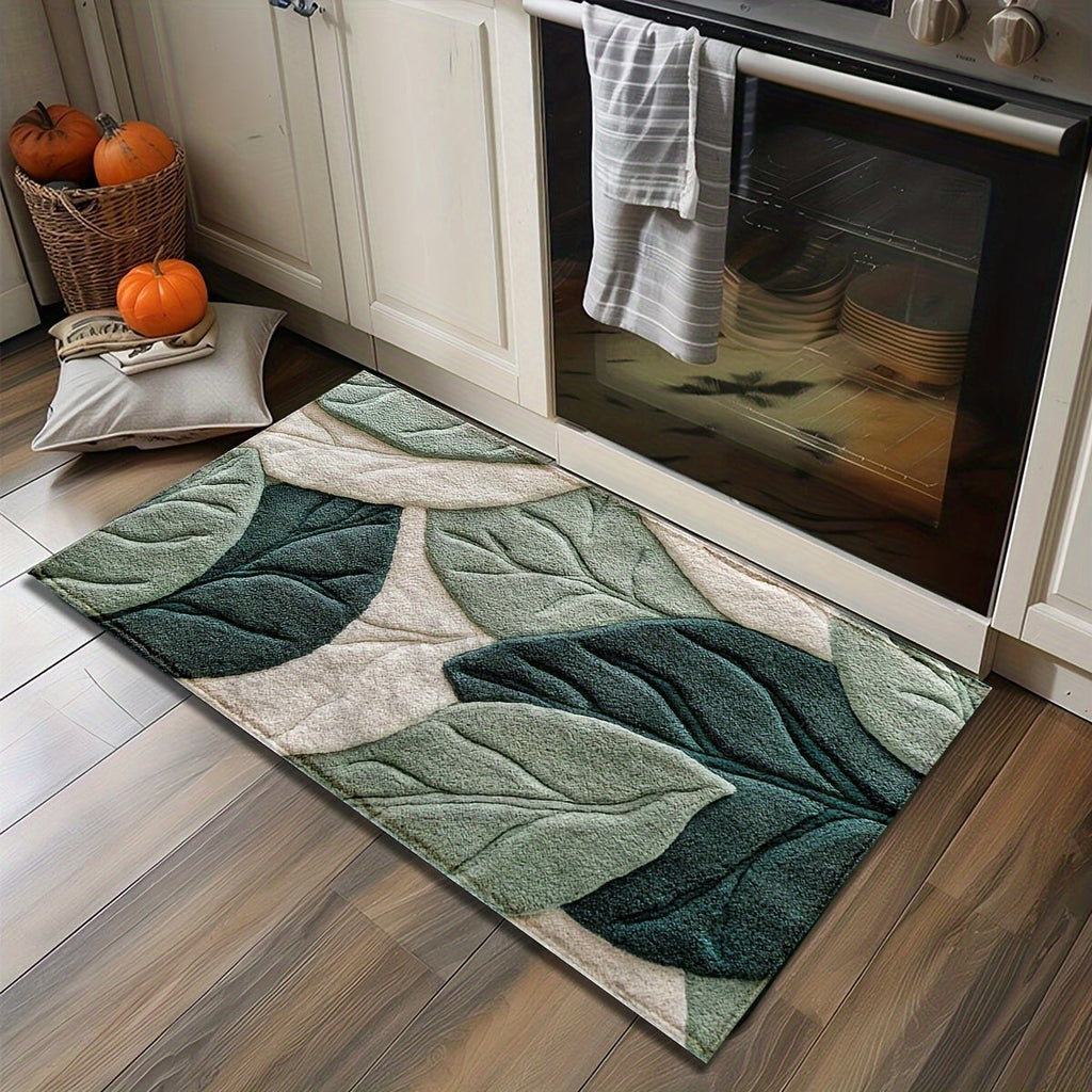Leaf-Pattern Microfiber Bath Mat, Non-Slip Base, Machine Washable