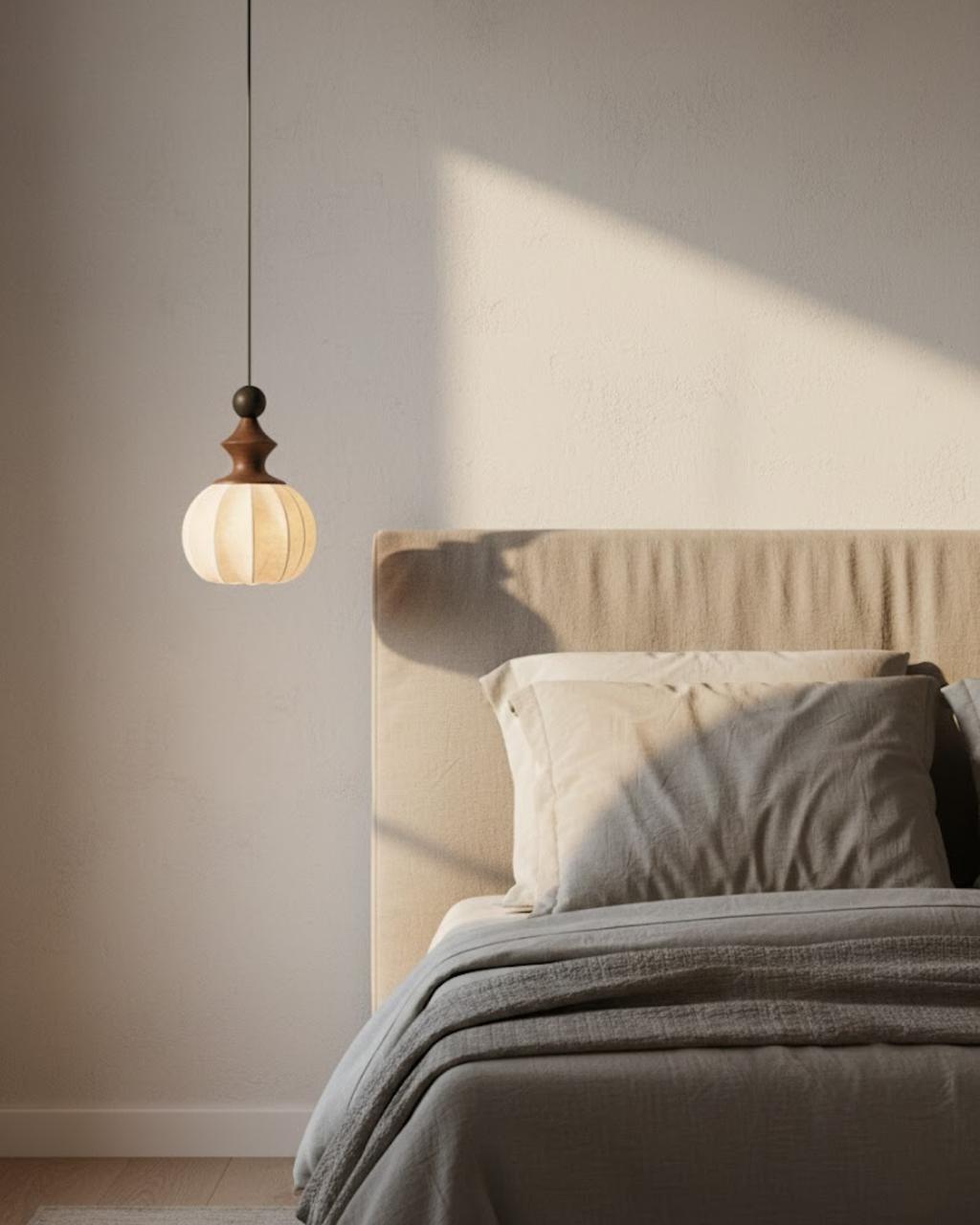 LichtSeide: Modern Pendant Light – Luxurious Fabric Lamp with Wood Details, Stylish for Bedroom & Lounge