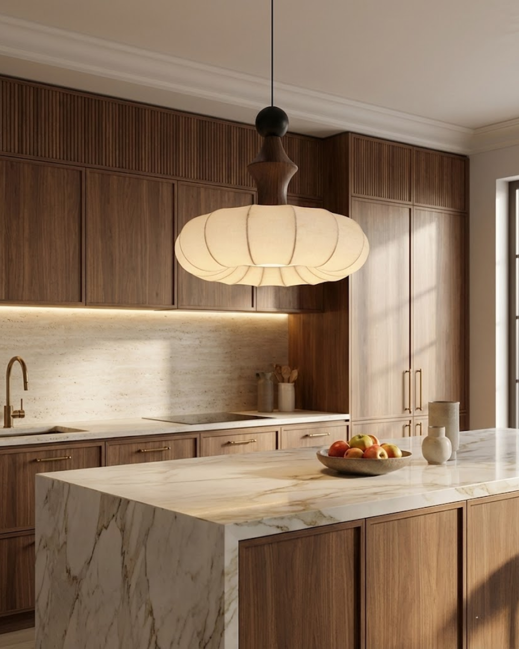 LichtSeide: Modern Pendant Light – Luxurious Fabric Lamp with Wood Details, Stylish for Bedroom & Lounge