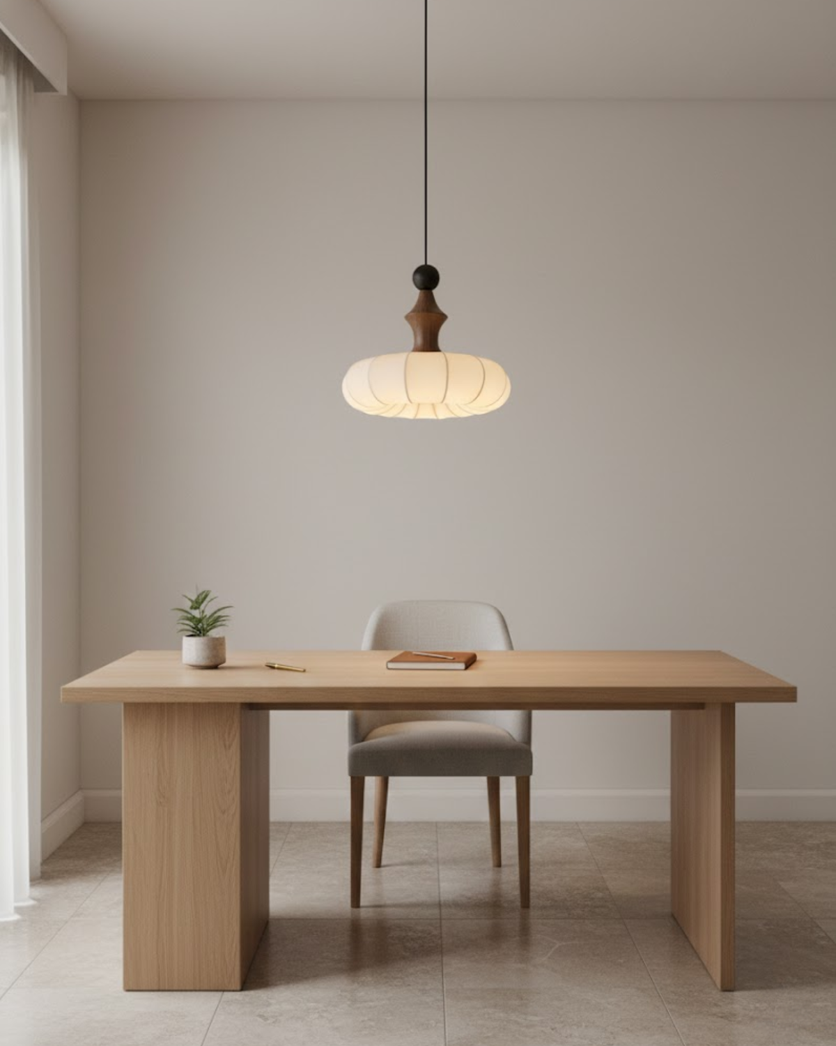 LichtSeide: Modern Pendant Light – Luxurious Fabric Lamp with Wood Details, Stylish for Bedroom & Lounge