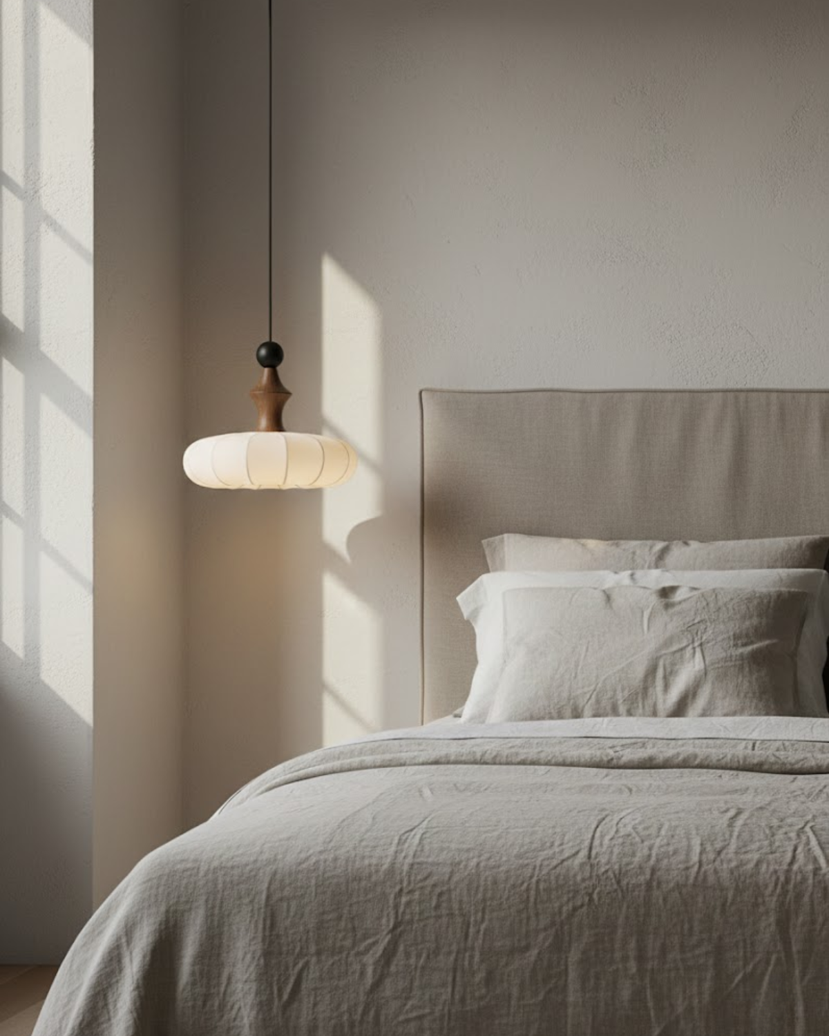 LichtSeide: Modern Pendant Light – Luxurious Fabric Lamp with Wood Details, Stylish for Bedroom & Lounge