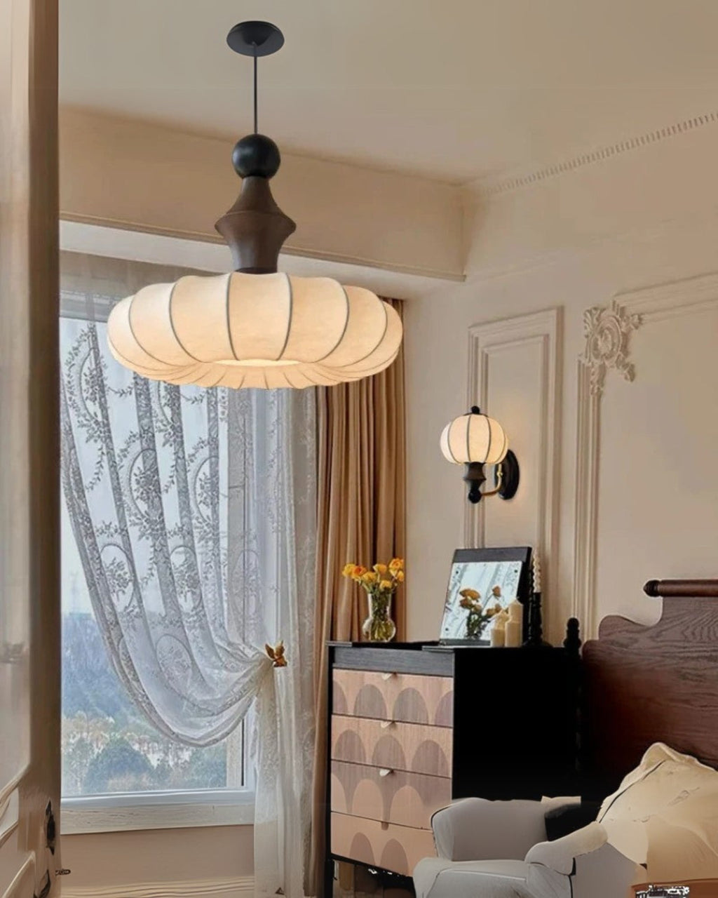 LichtSeide: Modern Pendant Light – Luxurious Fabric Lamp with Wood Details, Stylish for Bedroom & Lounge