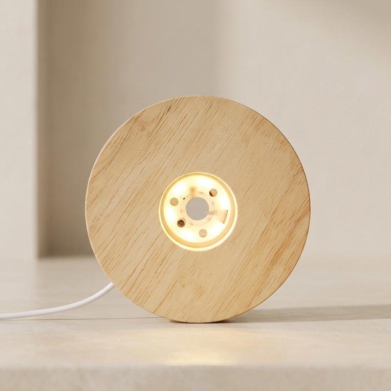 LED Display Stand Light Base Natural Wood USB Powered Warm White 6 LED Compact Round