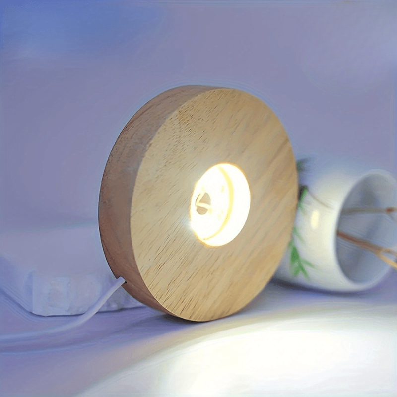 LED Display Stand Light Base Natural Wood USB Powered Warm White 6 LED Compact Round
