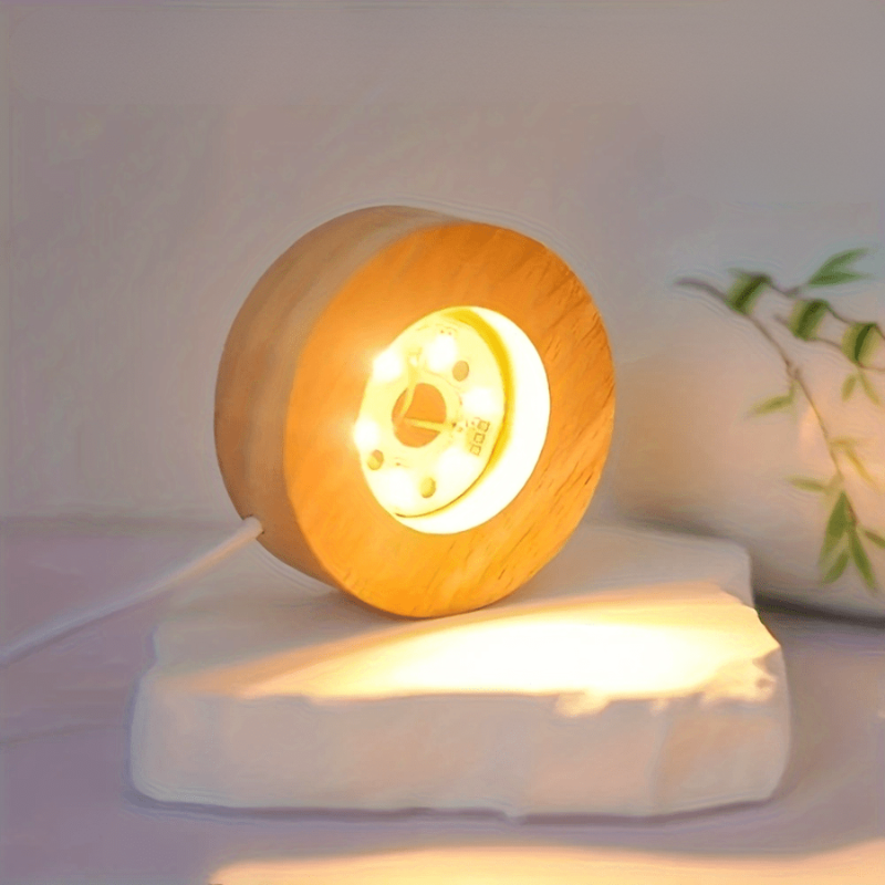 LED Display Stand Light Base Natural Wood USB Powered Warm White 6 LED Compact Round
