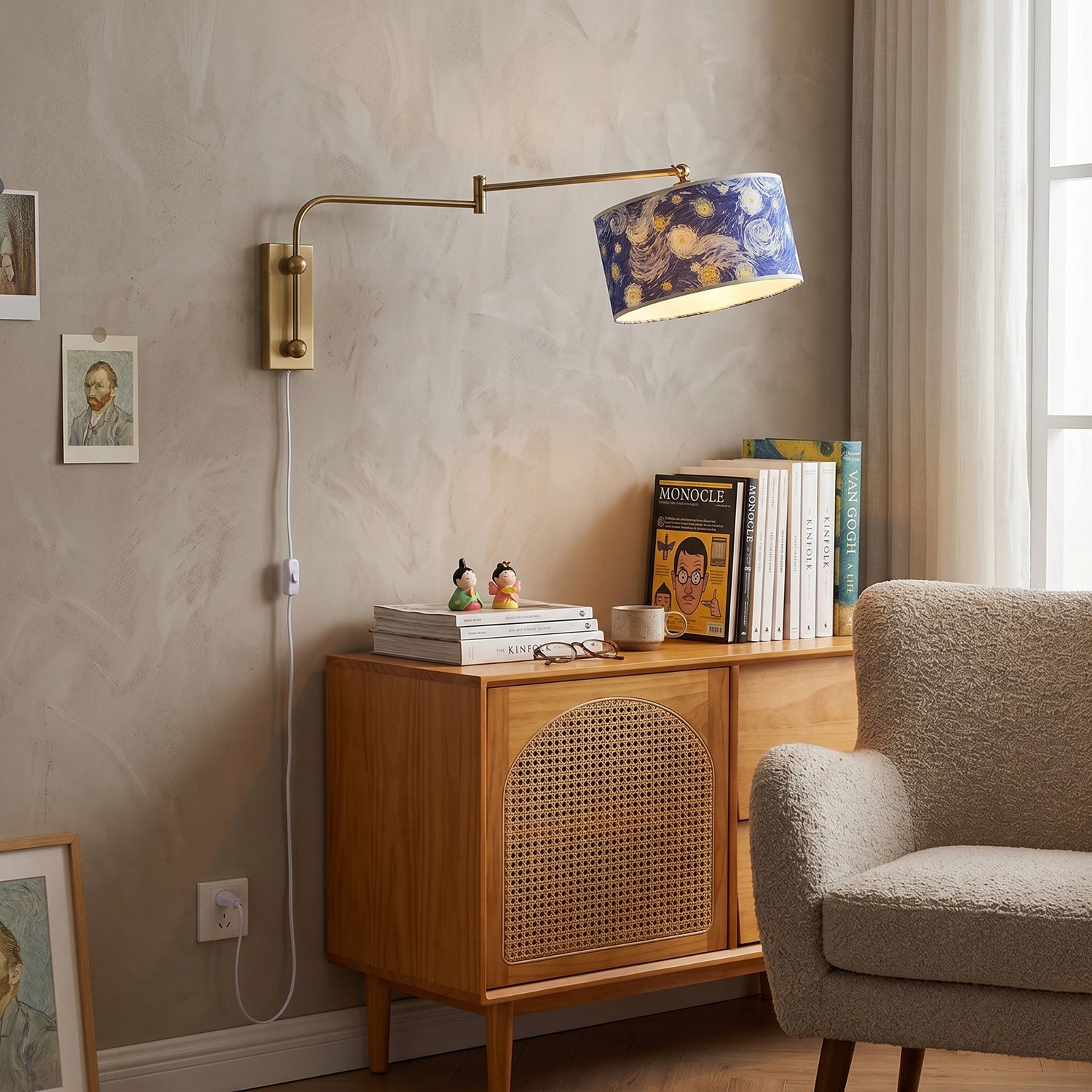 Patterned Fabric Plug-In Swing-Arm Wall Sconce