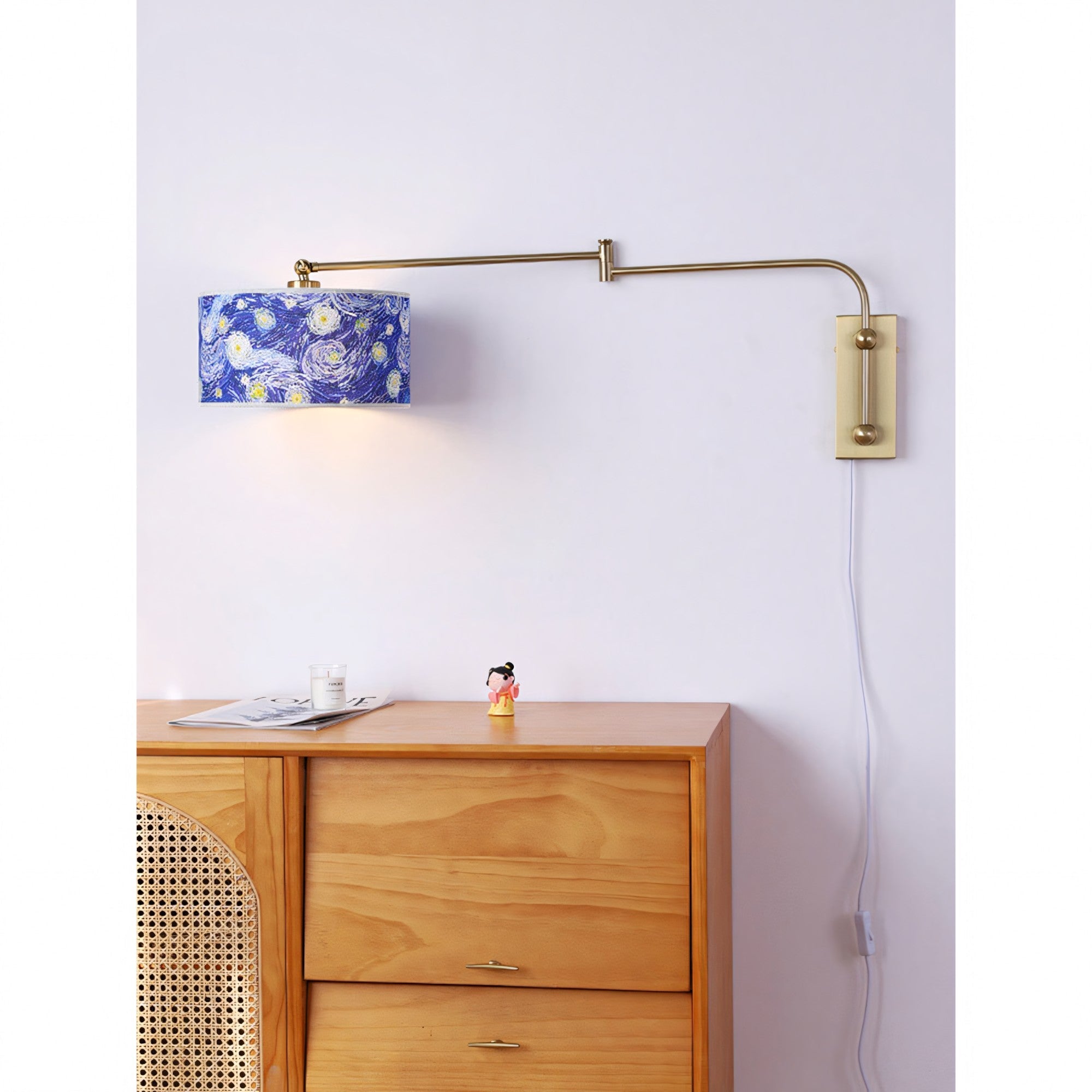 Patterned Fabric Plug-In Swing-Arm Wall Sconce