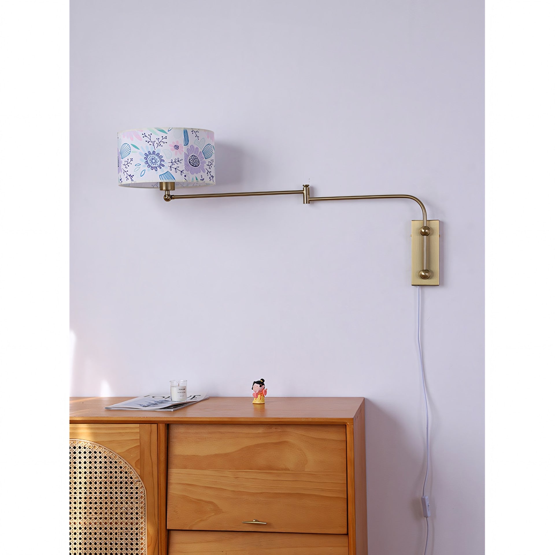 Patterned Fabric Plug-In Swing-Arm Wall Sconce