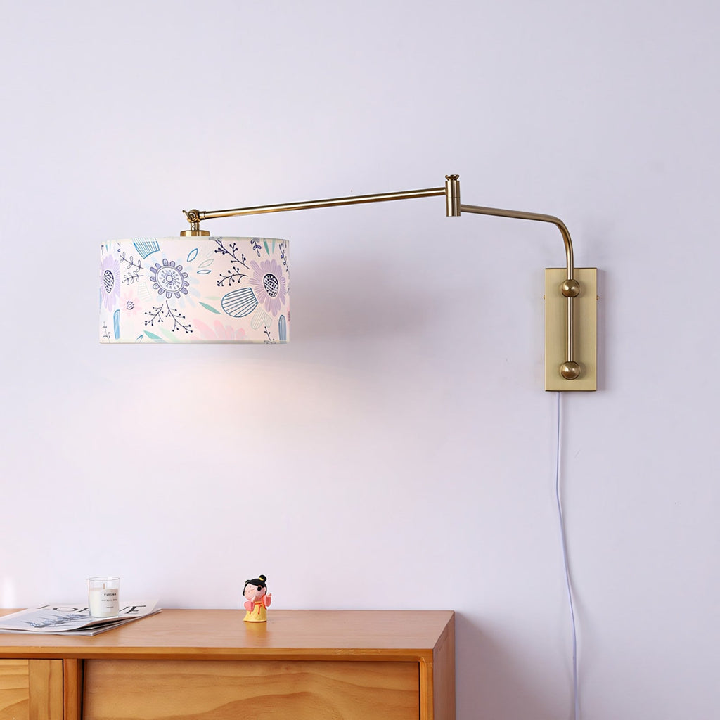 Patterned Fabric Plug-In Swing-Arm Wall Sconce