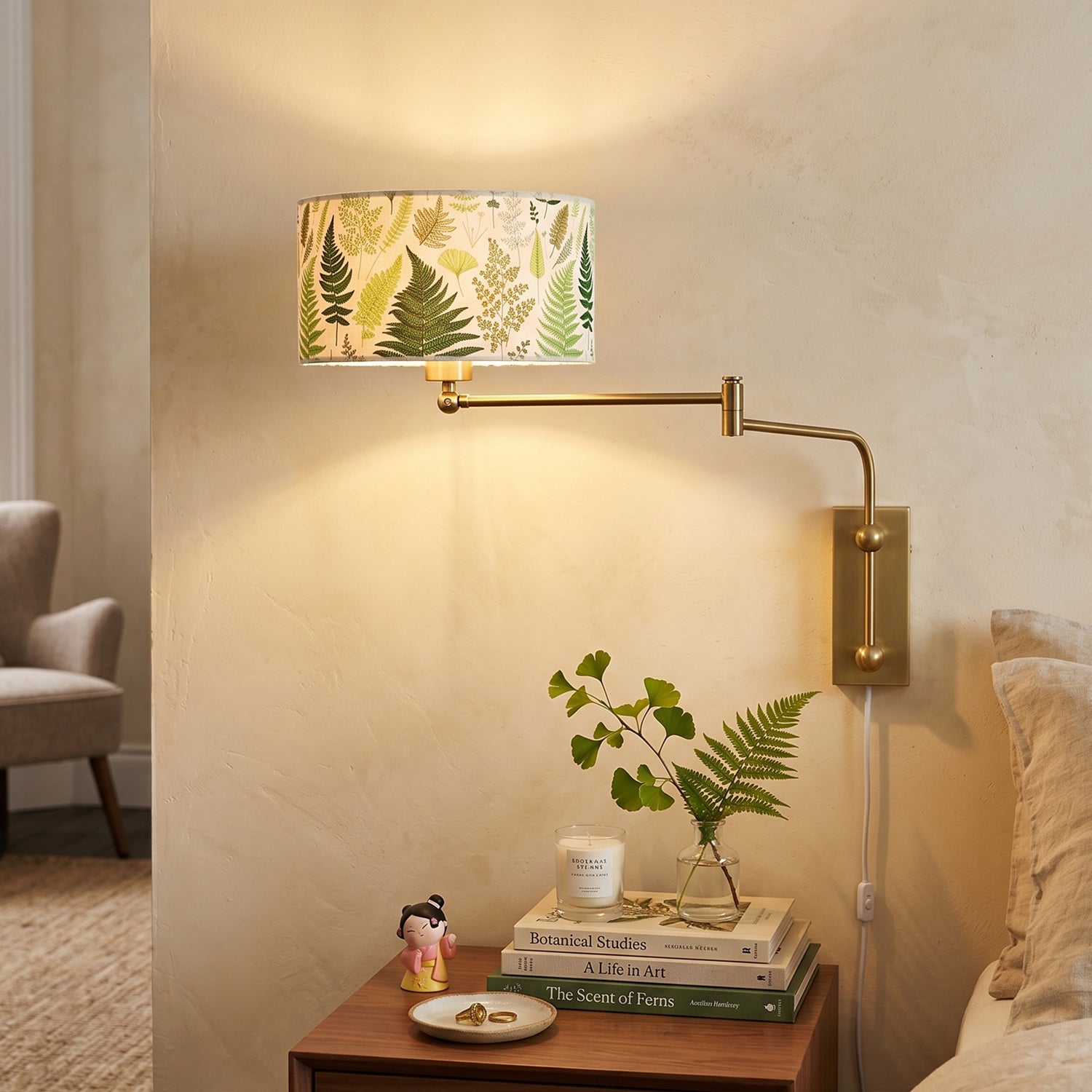 Patterned Fabric Plug-In Swing-Arm Wall Sconce