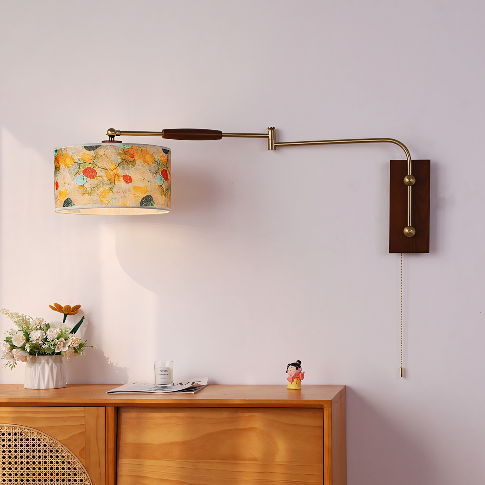 Patterned Fabric Drum Swing-Arm Wall Sconce
