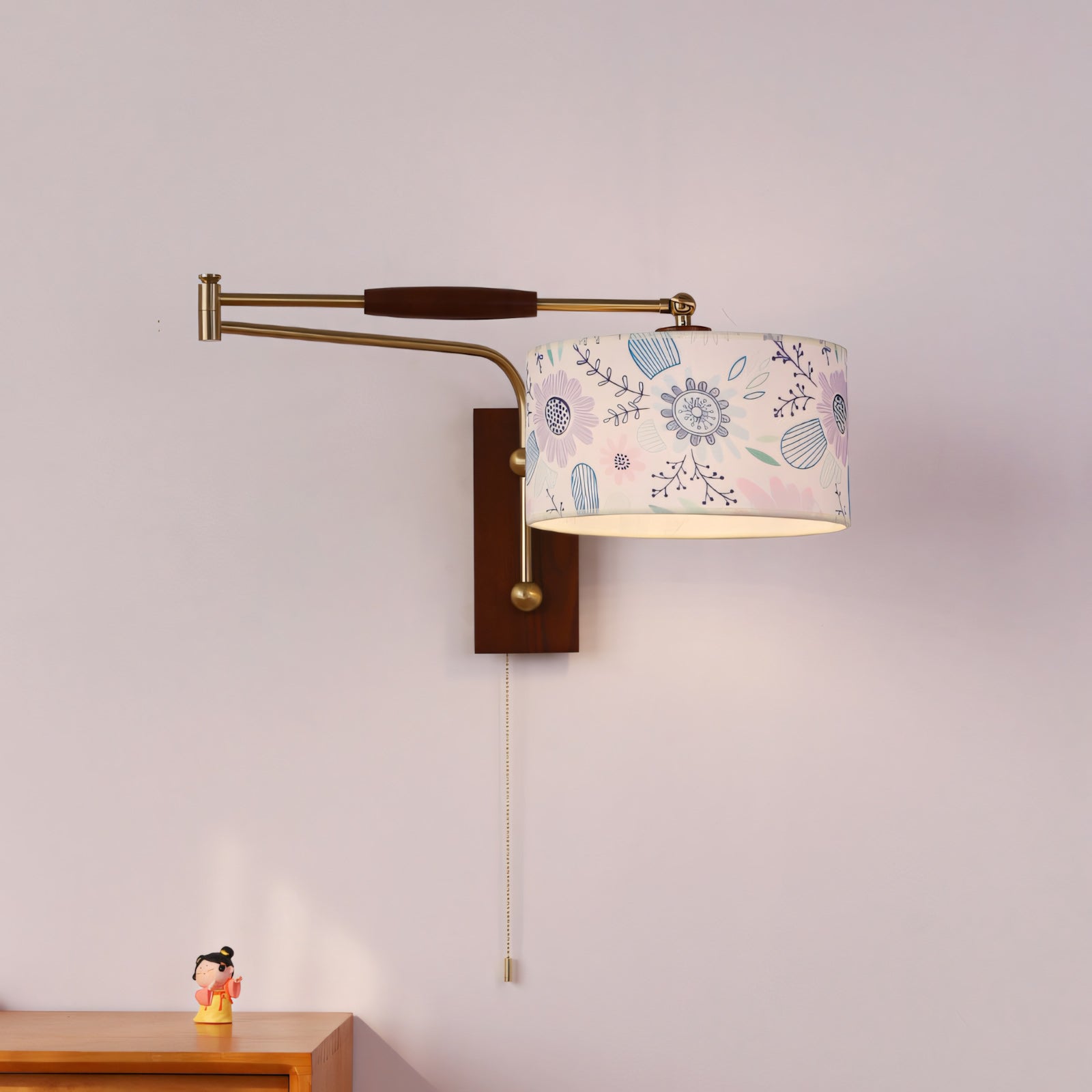 Patterned Fabric Drum Swing-Arm Wall Sconce