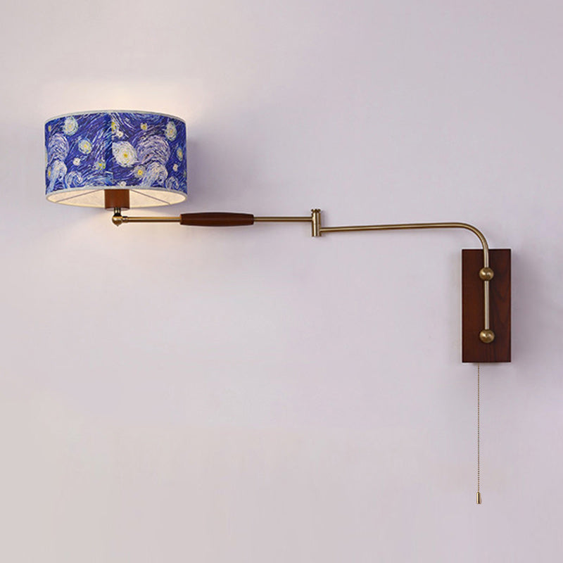 Patterned Fabric Drum Swing-Arm Wall Sconce