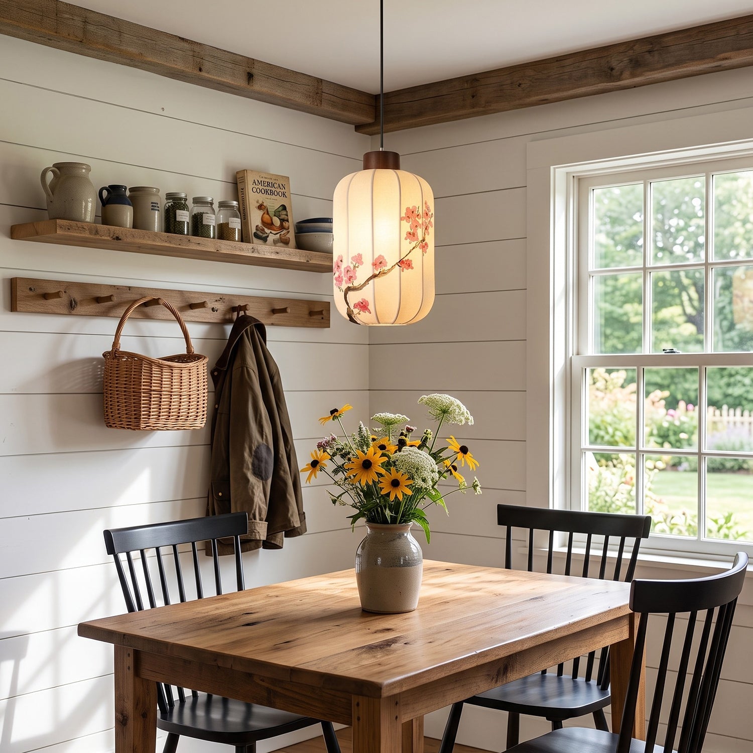 Fabric Lantern Pendant Lamp with Botanical Motif