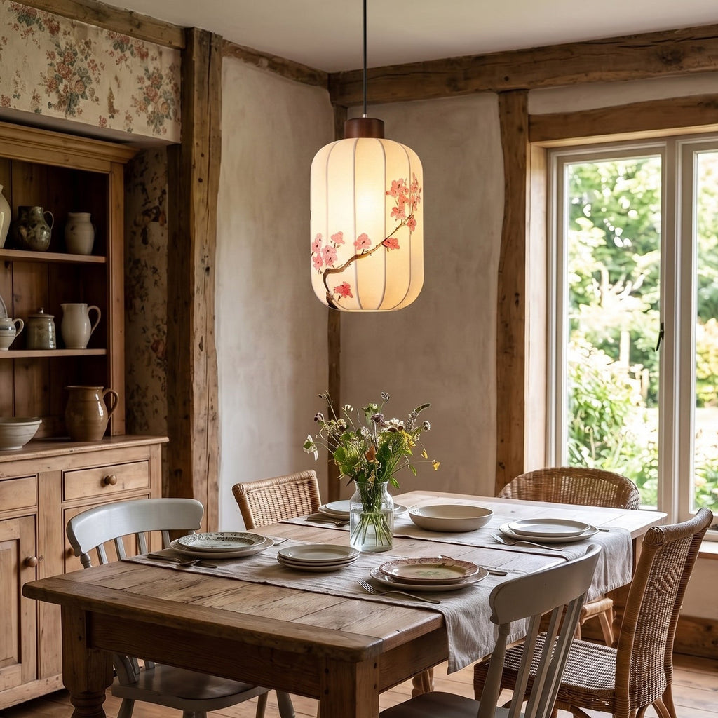 Fabric Lantern Pendant Lamp with Botanical Motif