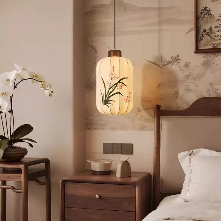 Fabric Lantern Pendant Lamp with Botanical Motif