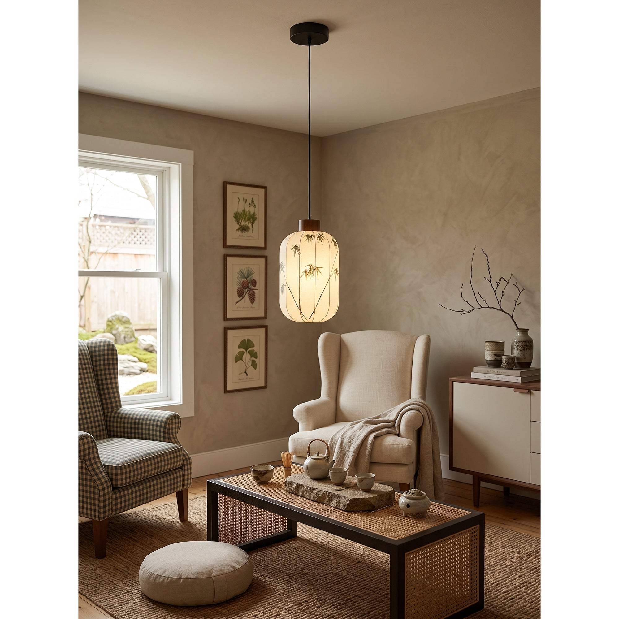 Fabric Lantern Pendant Lamp with Botanical Motif