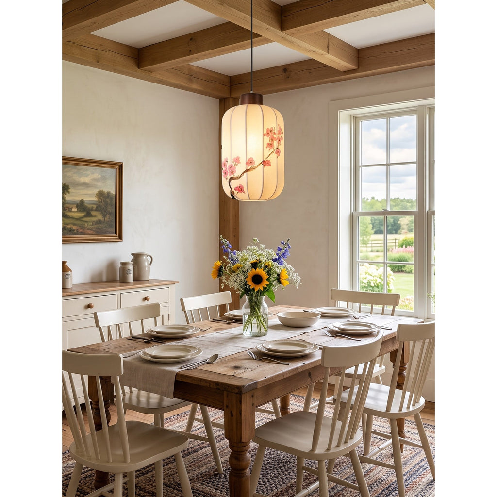 Fabric Lantern Pendant Lamp with Botanical Motif