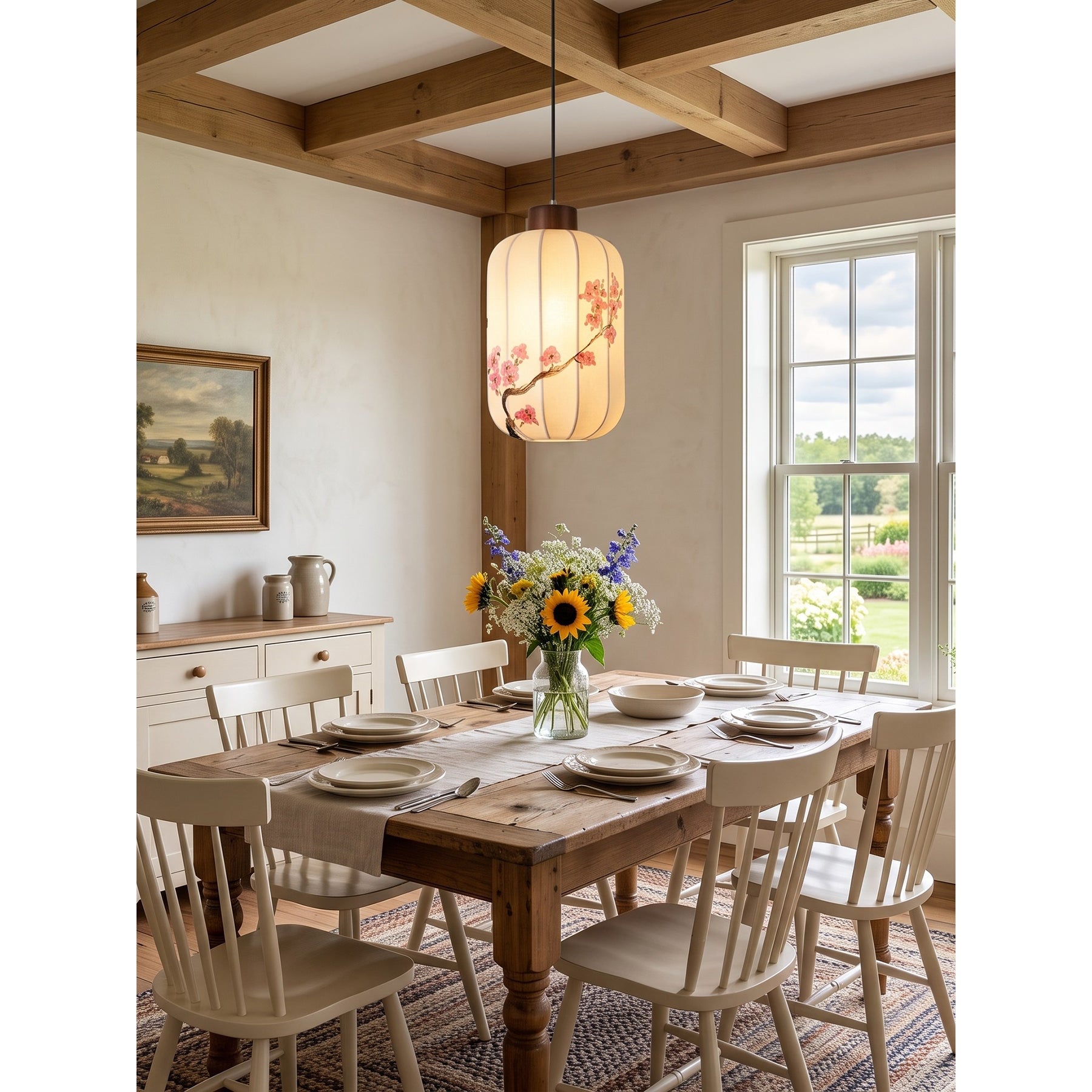 Fabric Lantern Pendant Lamp with Botanical Motif