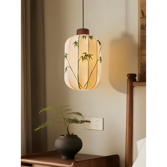 Fabric Lantern Pendant Lamp with Botanical Motif