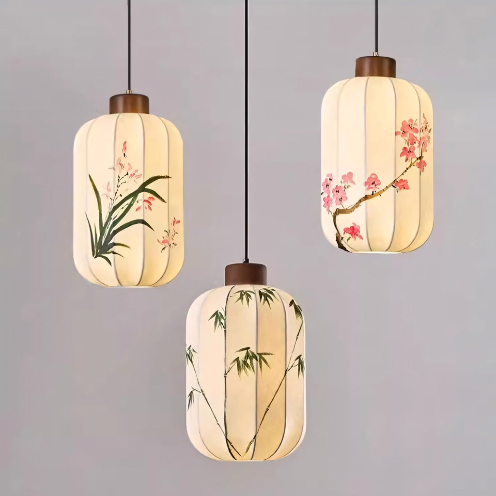 Fabric Lantern Pendant Lamp with Botanical Motif