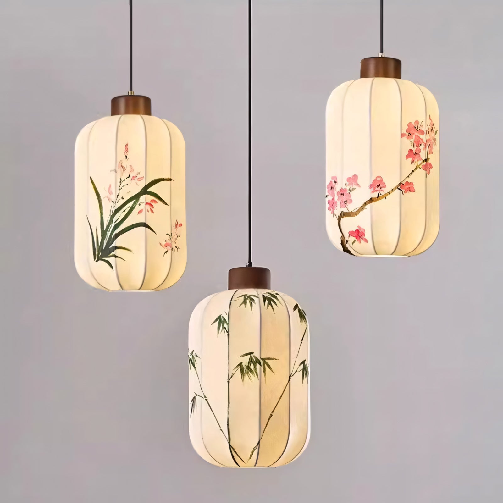 Fabric Lantern Pendant Lamp with Botanical Motif