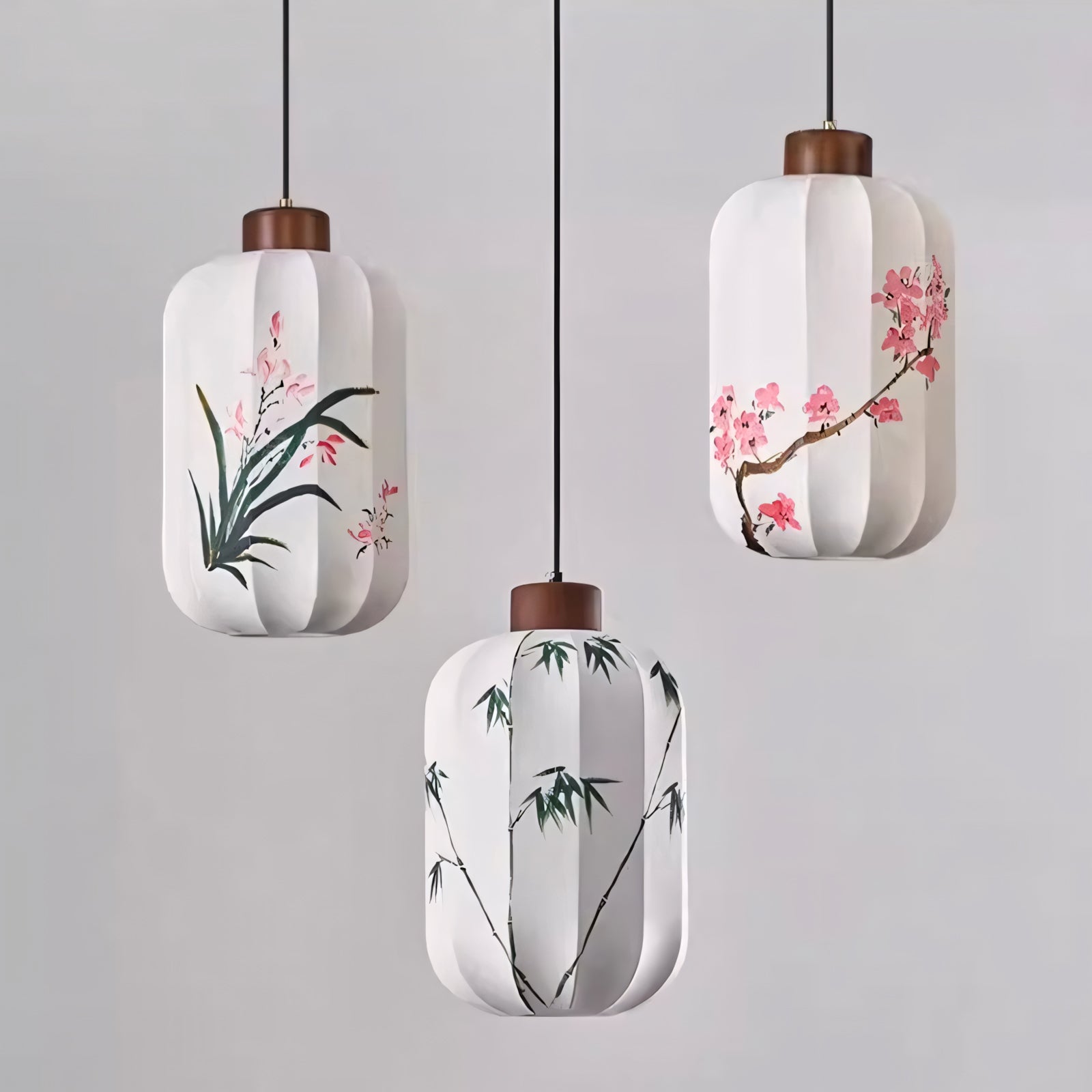 Fabric Lantern Pendant Lamp with Botanical Motif