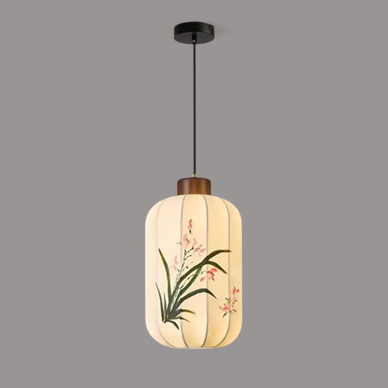 Fabric Lantern Pendant Lamp with Botanical Motif