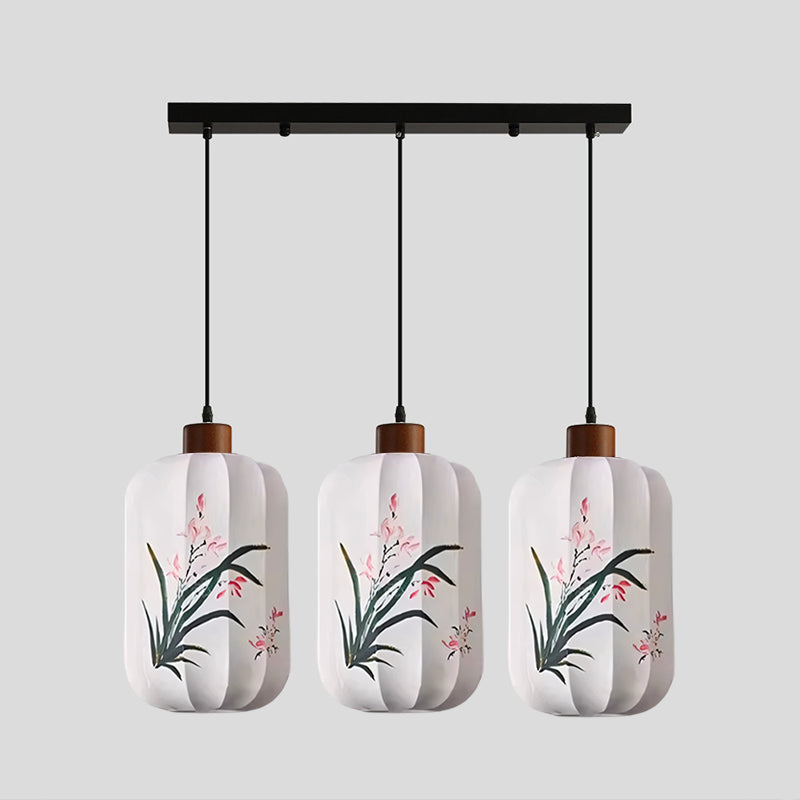 Fabric Lantern Pendant Lamp with Botanical Motif