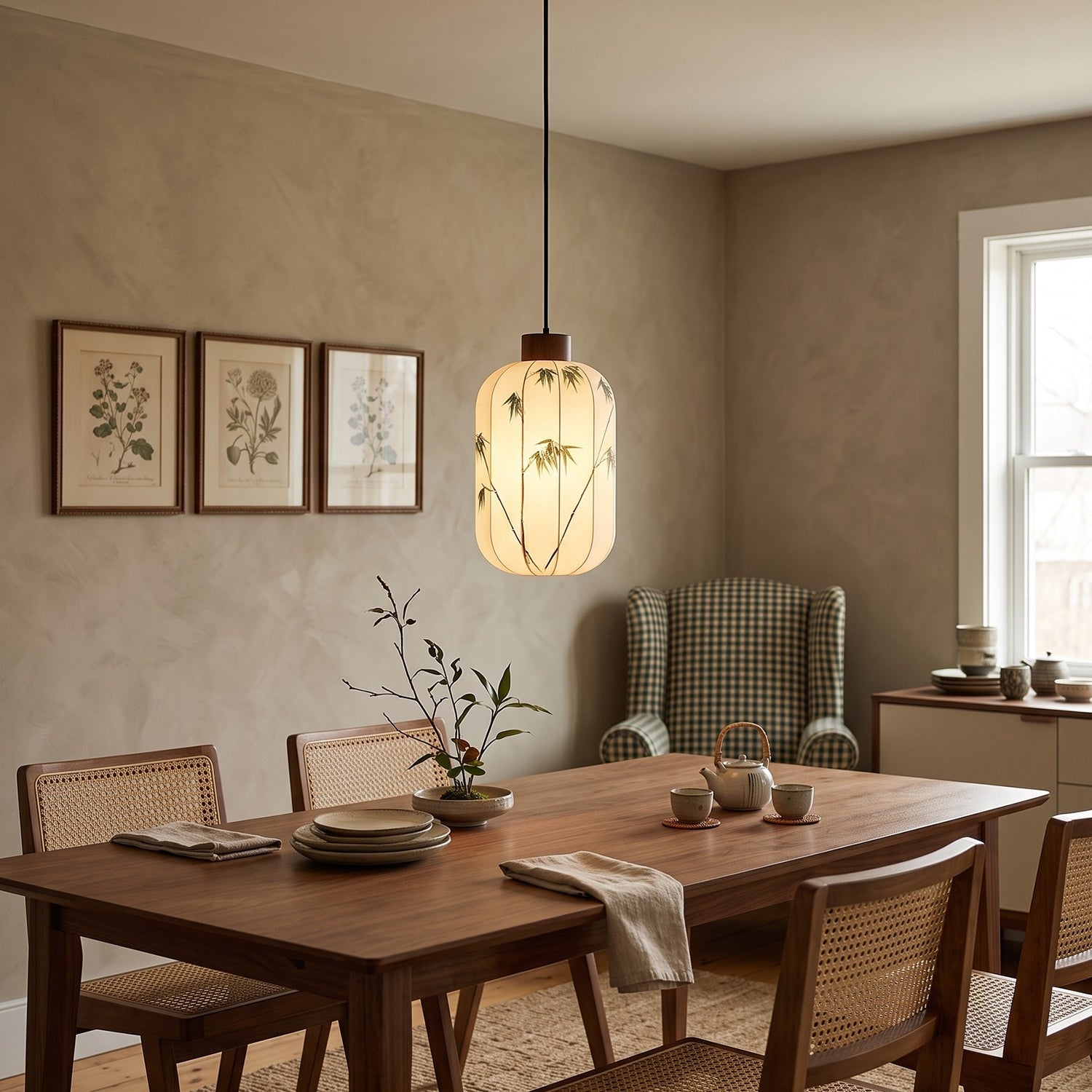 Fabric Lantern Pendant Lamp with Botanical Motif