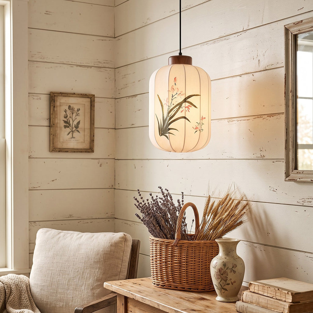 Fabric Lantern Pendant Lamp with Botanical Motif