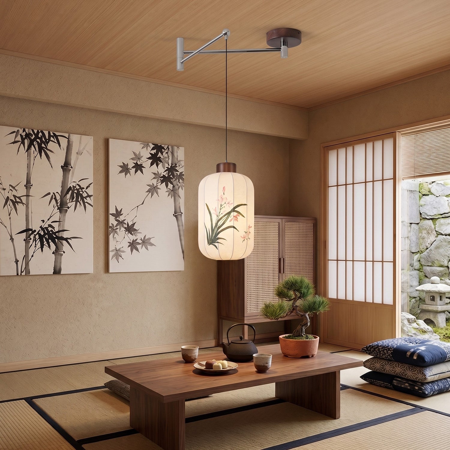 Fabric Shade Swing-Arm Pendant Lamp