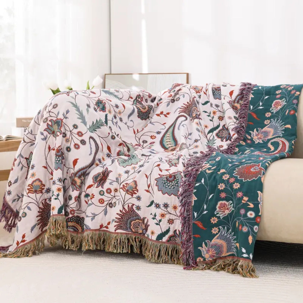 Liora: Vintage Cotton Blanket with Floral Pattern and Fringes – for Living Room and Bedroom