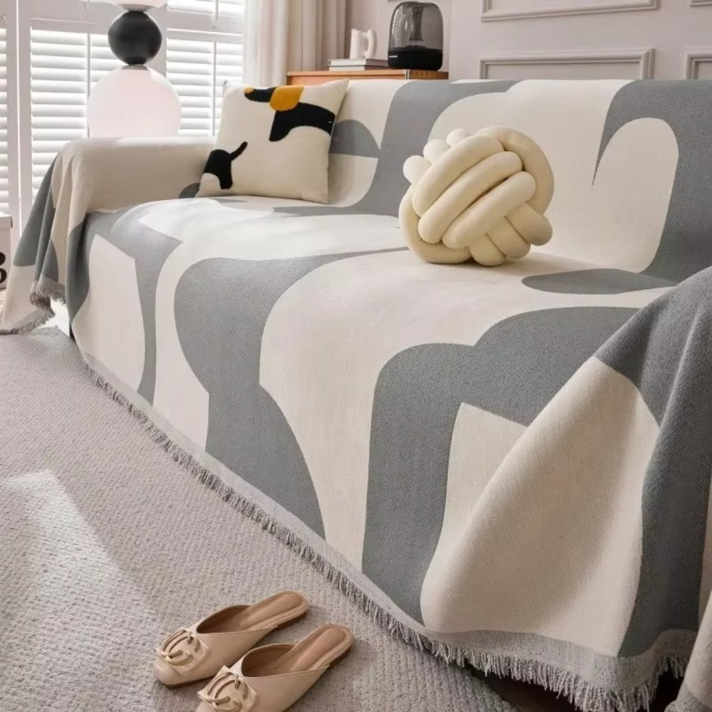 LioraWeave: Sofa Cover in Boho Jacquard Design Made from Luxurious Chenille with Fringe Accent – for Sofa & Living Room