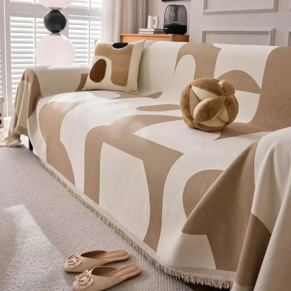 LioraWeave: Sofa Cover in Boho Jacquard Design Made from Luxurious Chenille with Fringe Accent – for Sofa & Living Room