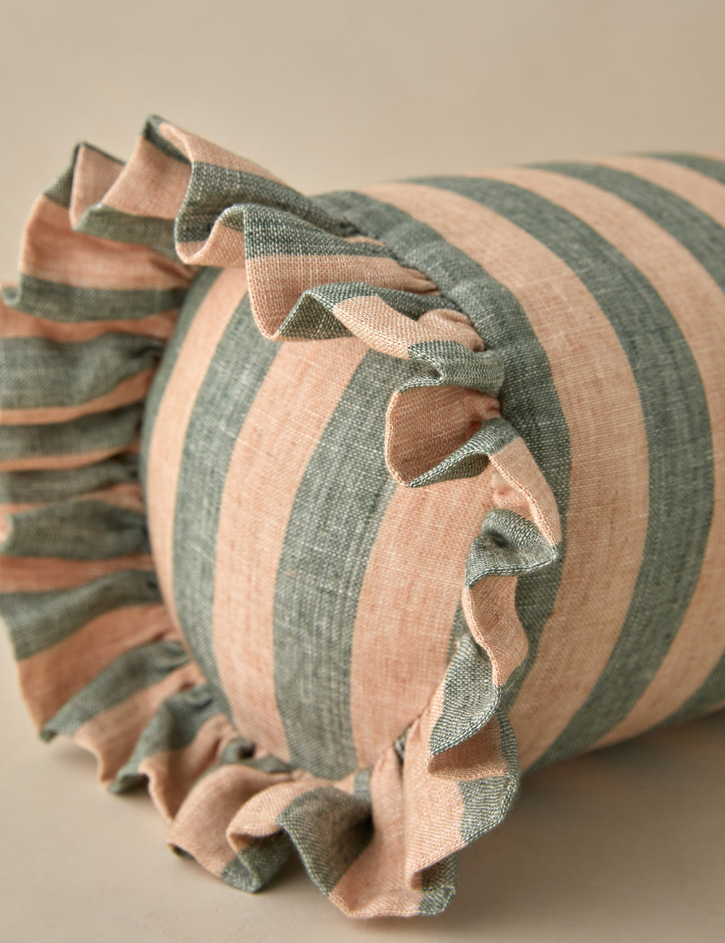 Bello Linen Bolster Pillow | Striped Design, Ruffled Ends