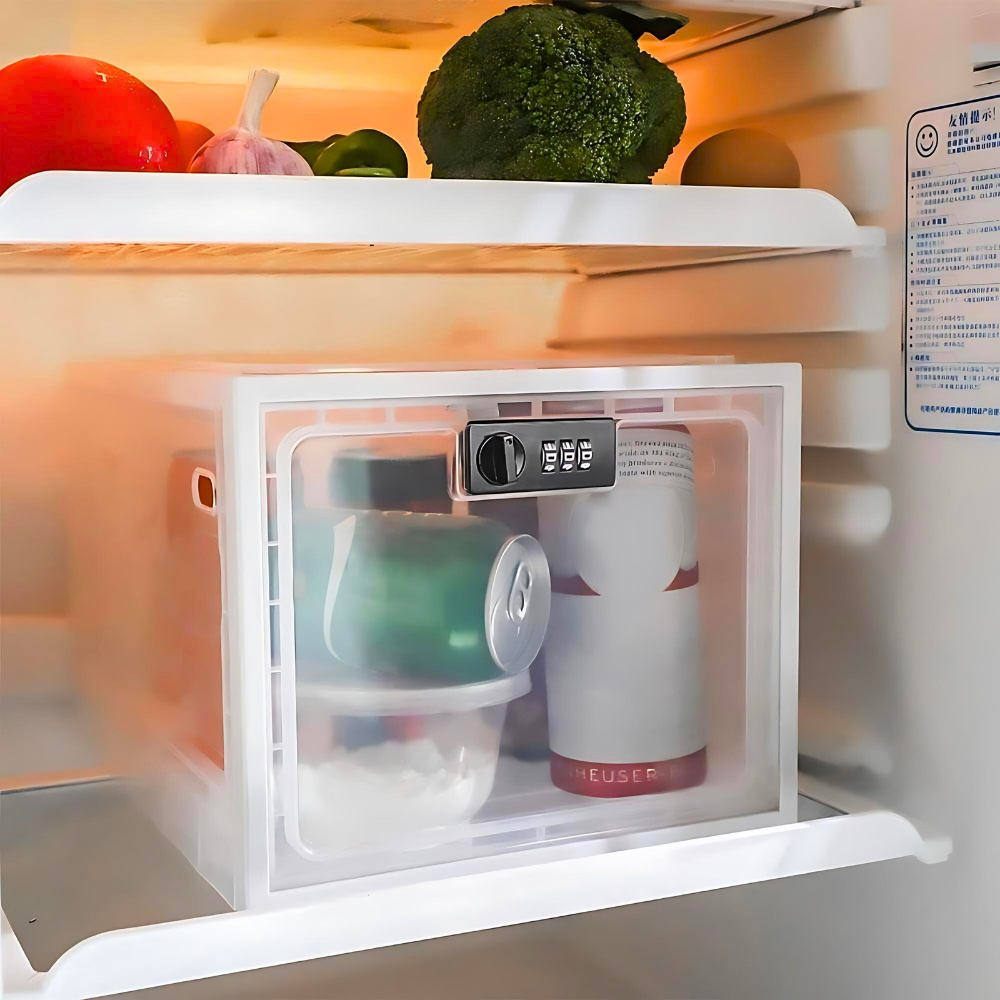 Lockable Refrigerator Storage Bin, Combination Lock, Clear Design, Ventilated Storage