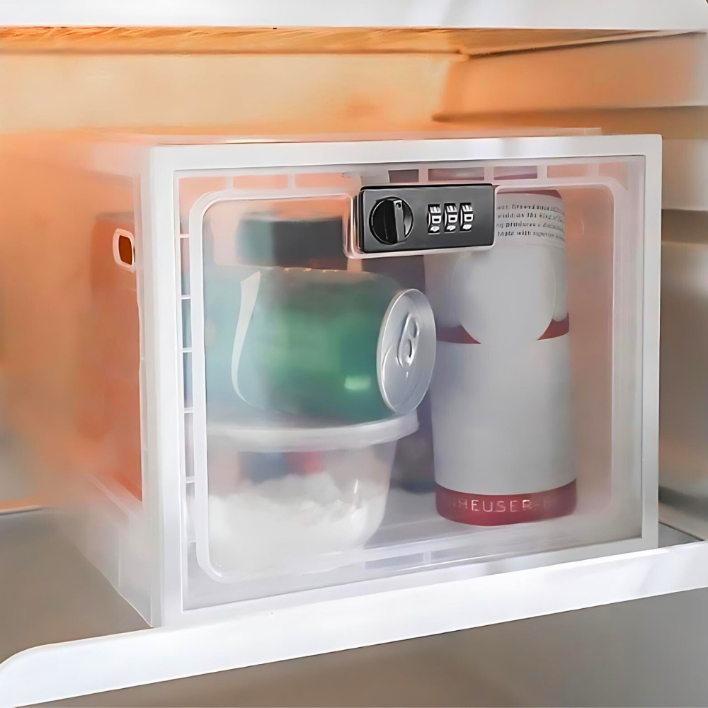 Lockable Refrigerator Storage Bin, Combination Lock, Clear Design, Ventilated Storage