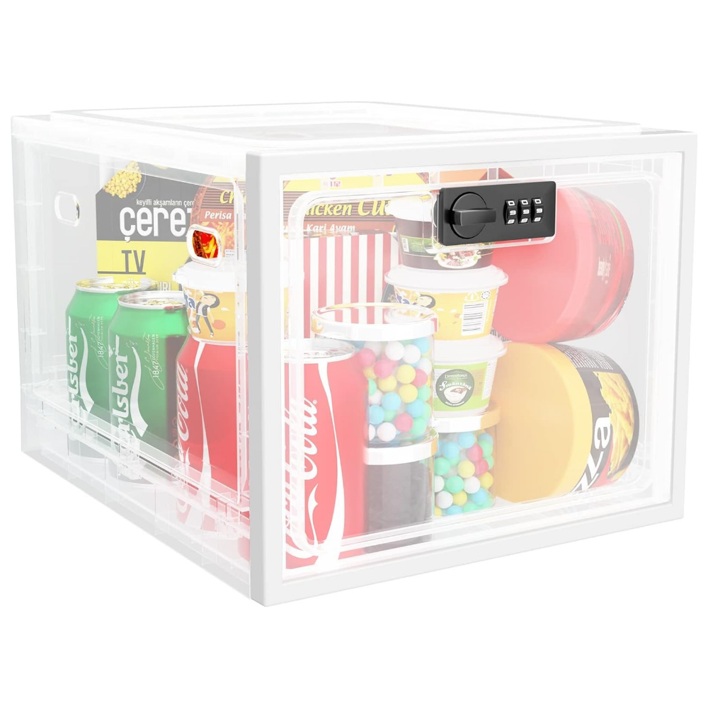 Lockable Refrigerator Storage Bin, Combination Lock, Clear Design, Ventilated Storage