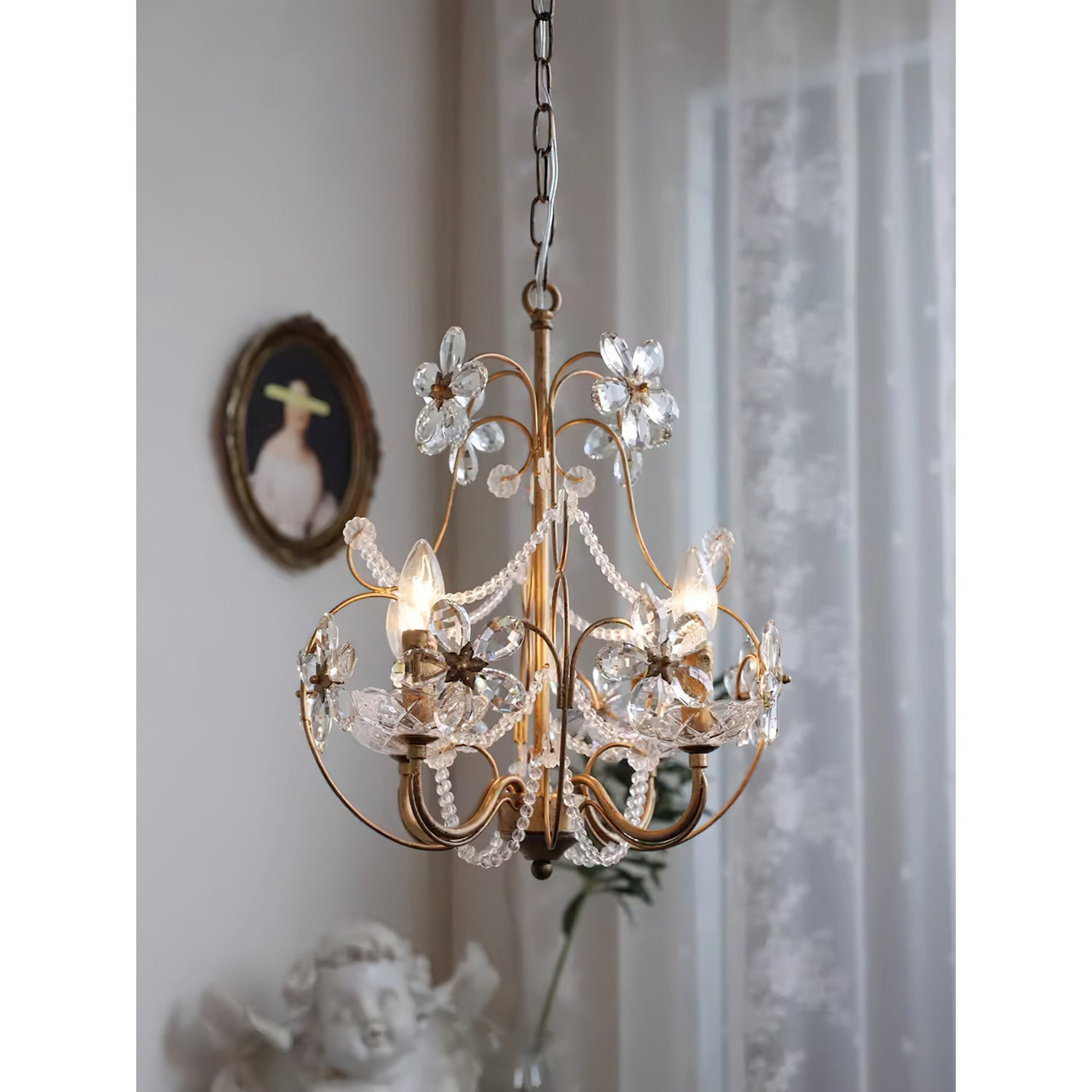 Curved Crystal 4-Light Iron Chandelier