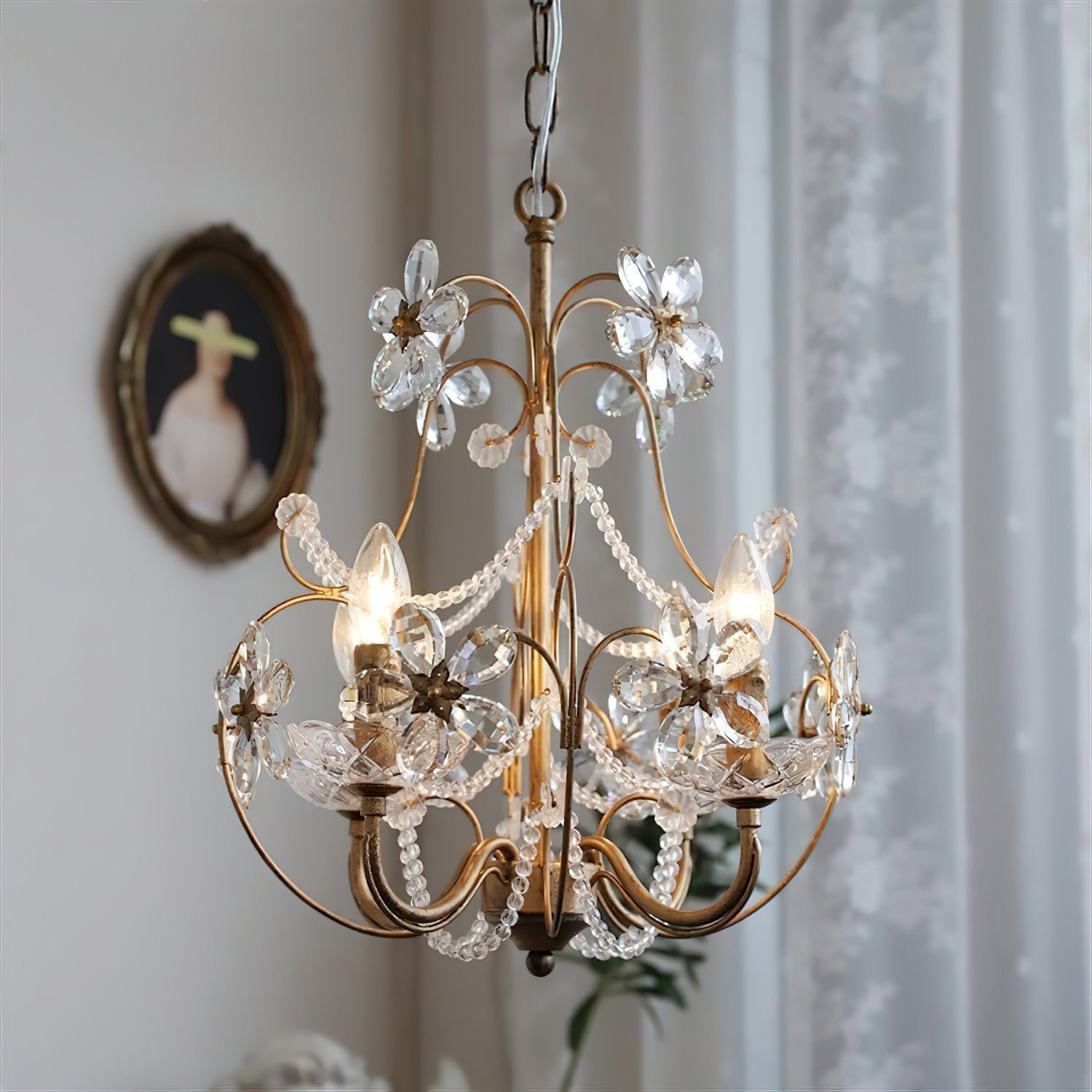 Curved Crystal 4-Light Iron Chandelier