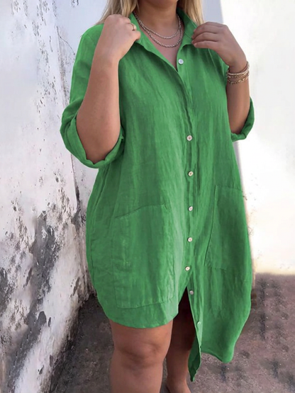 Effortless Shirt Dress for Women Collared Button-Front Pocketed