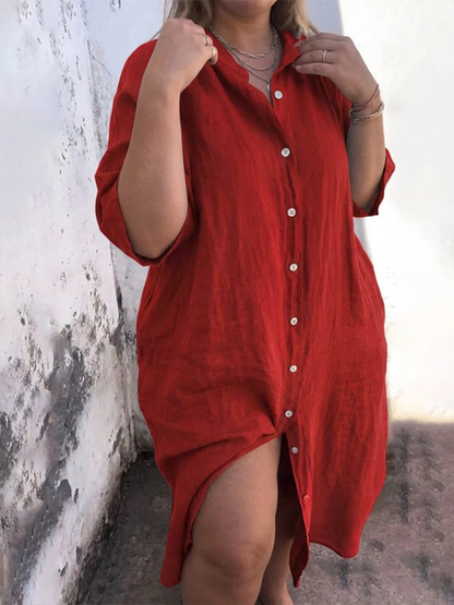 Effortless Shirt Dress for Women Collared Button-Front Pocketed