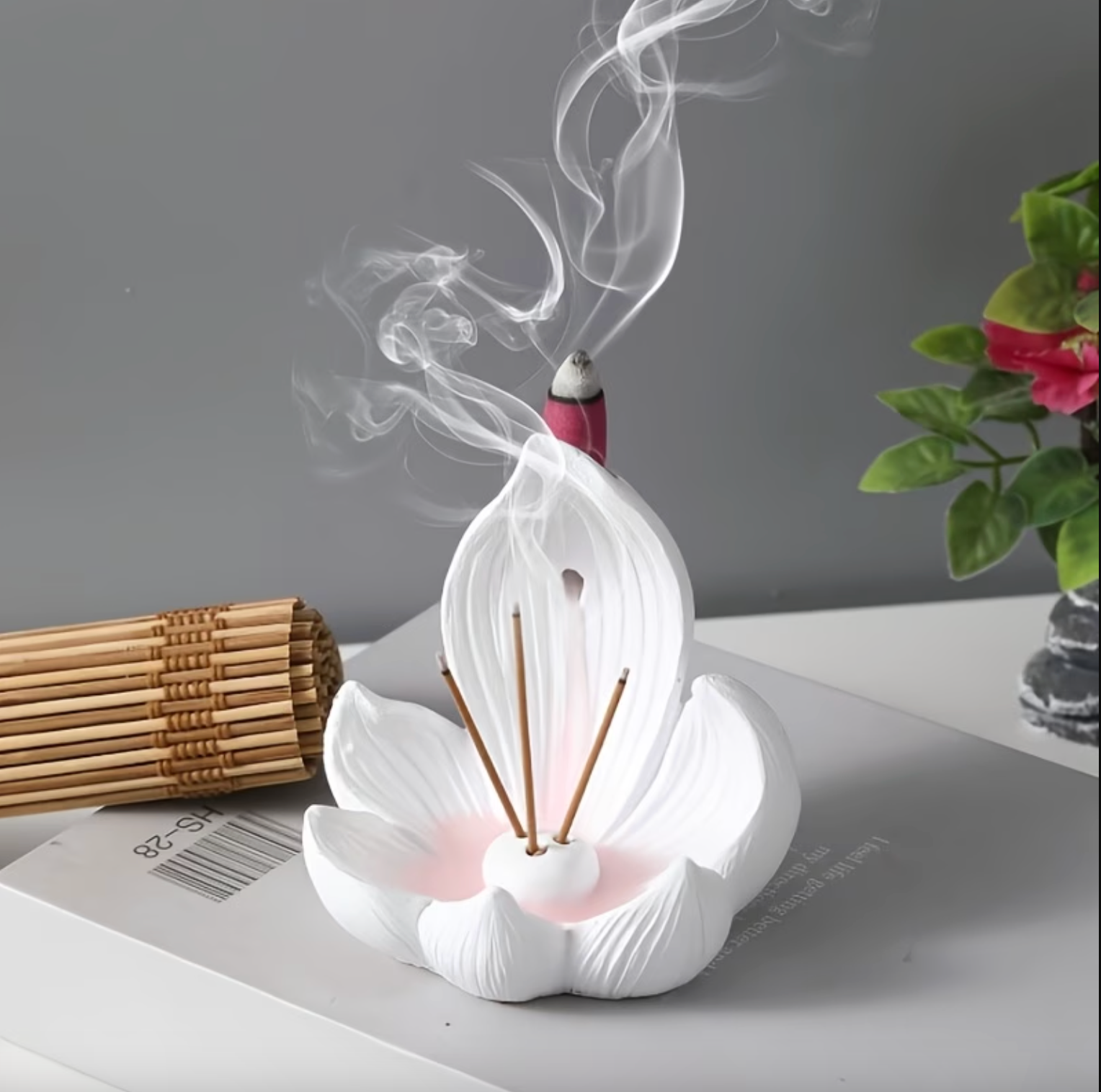 Lotus Incense Burner Ceramic Resin Indoor Backflow Cone and Triple Stick Holder