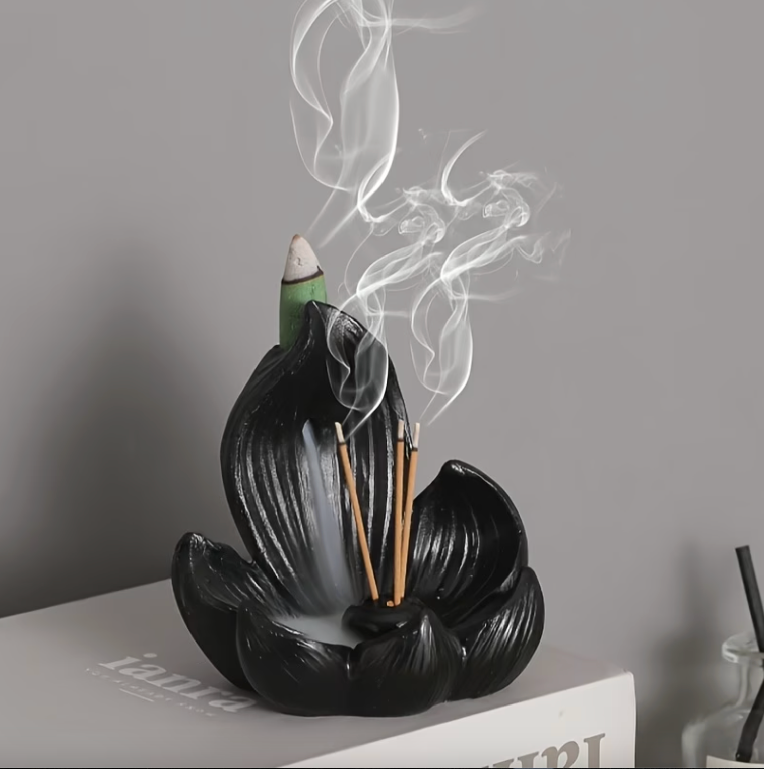 Lotus Incense Burner Ceramic Resin Indoor Backflow Cone and Triple Stick Holder