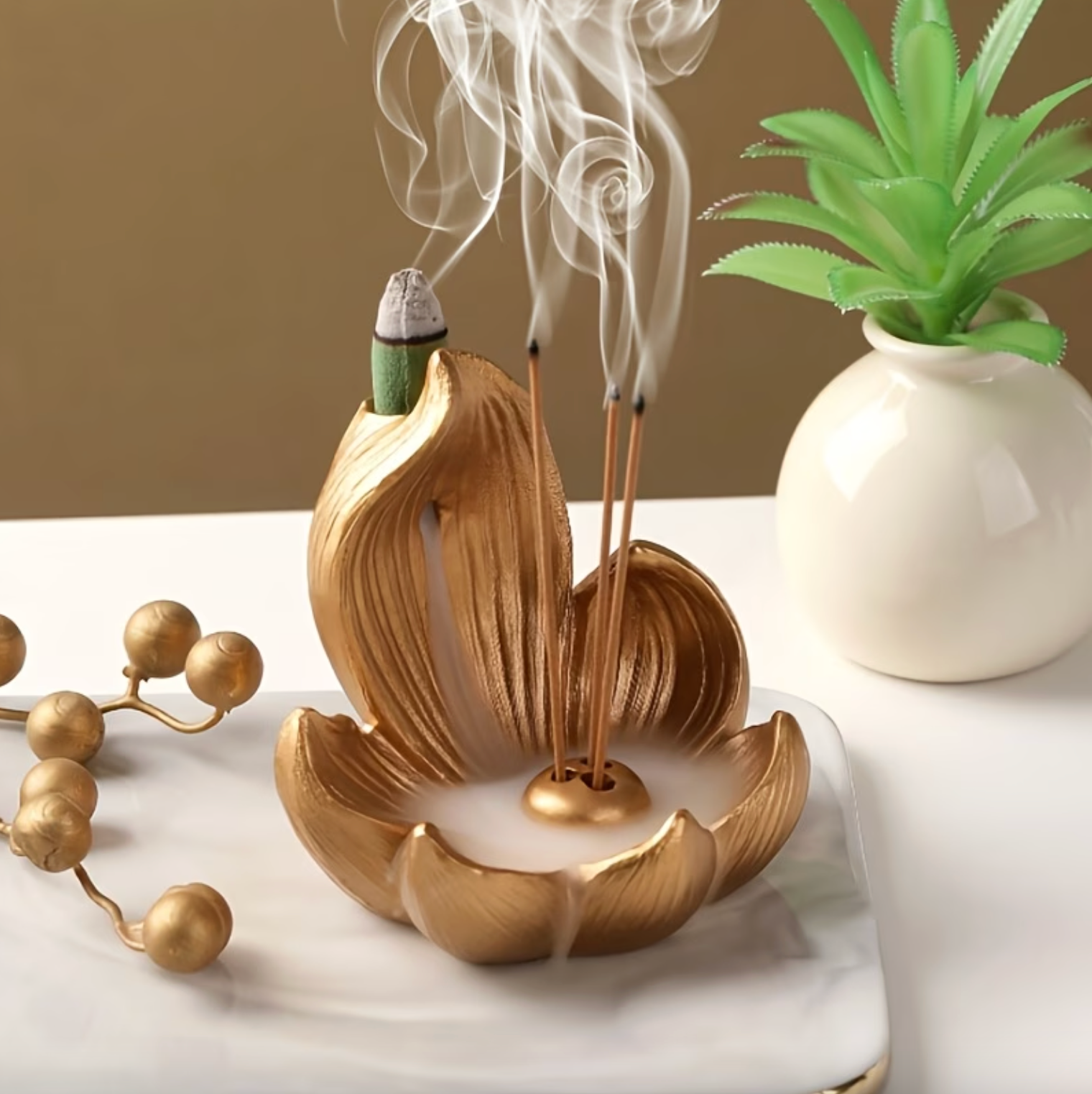 Lotus Incense Burner Ceramic Resin Indoor Backflow Cone and Triple Stick Holder