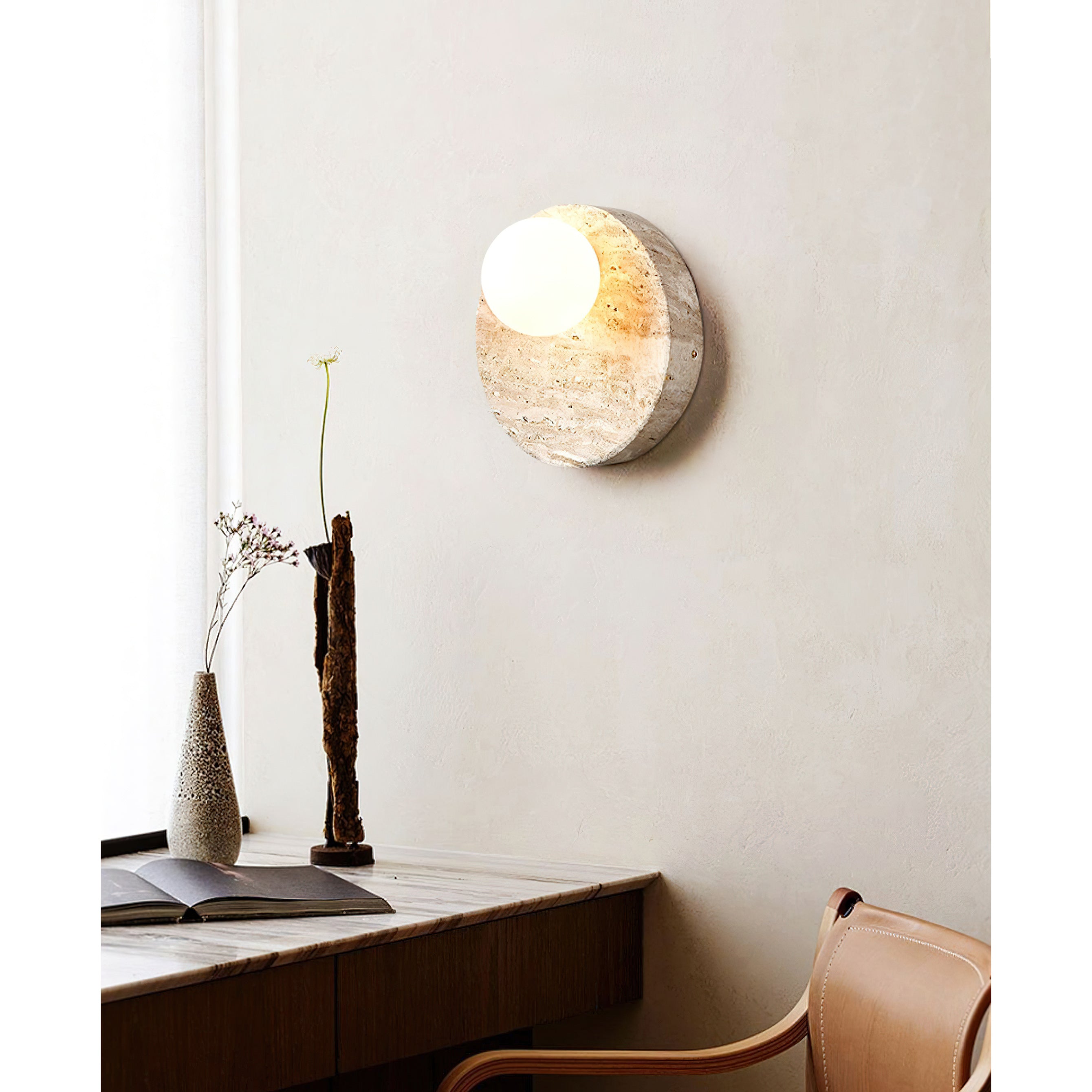 Travertine Moon Disc Wabi-Sabi Wall Lamp