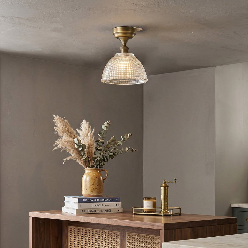 Prismatic Glass Dome Antique Brass Semi-Flush Ceiling Light